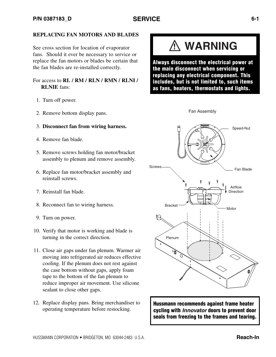 Service, Replacing fan motors and blades, Rl / rm / rln / rmn / rlni /rlnie | Warning | hussmann P/N 0387183_D User Manual | Page 29 / 40