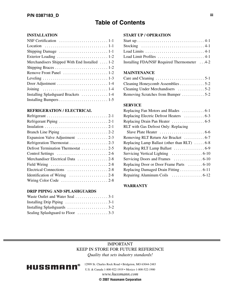 hussmann P/N 0387183_D User Manual | Page 3 / 40