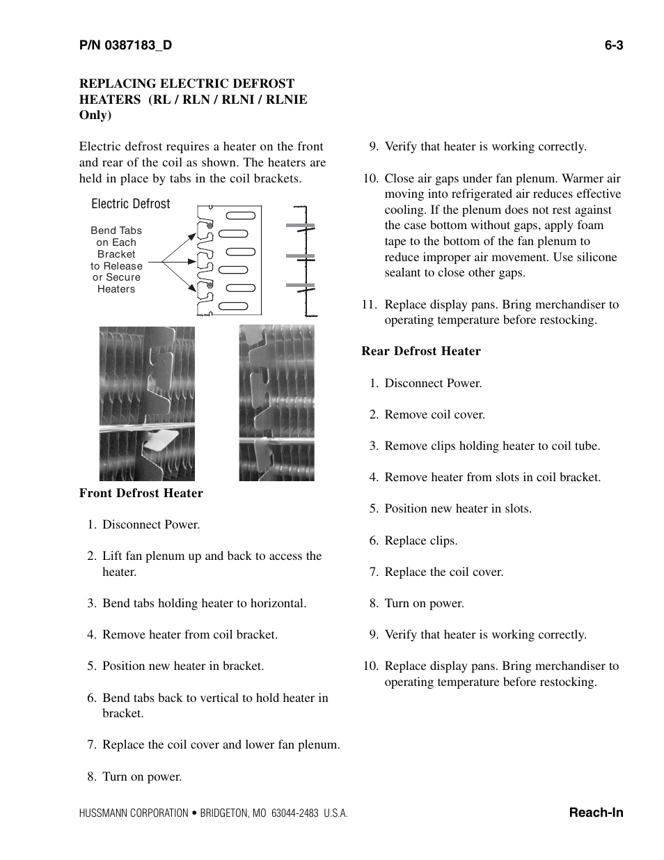 Replacing electric defrost heaters, Rl / rln / rlni / rlnie only | hussmann P/N 0387183_D User Manual | Page 31 / 40