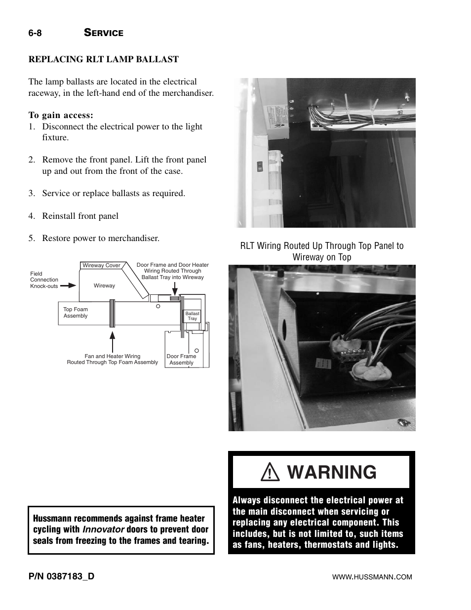 Replacing rlt lamp ballast, Warning | hussmann P/N 0387183_D User Manual | Page 36 / 40