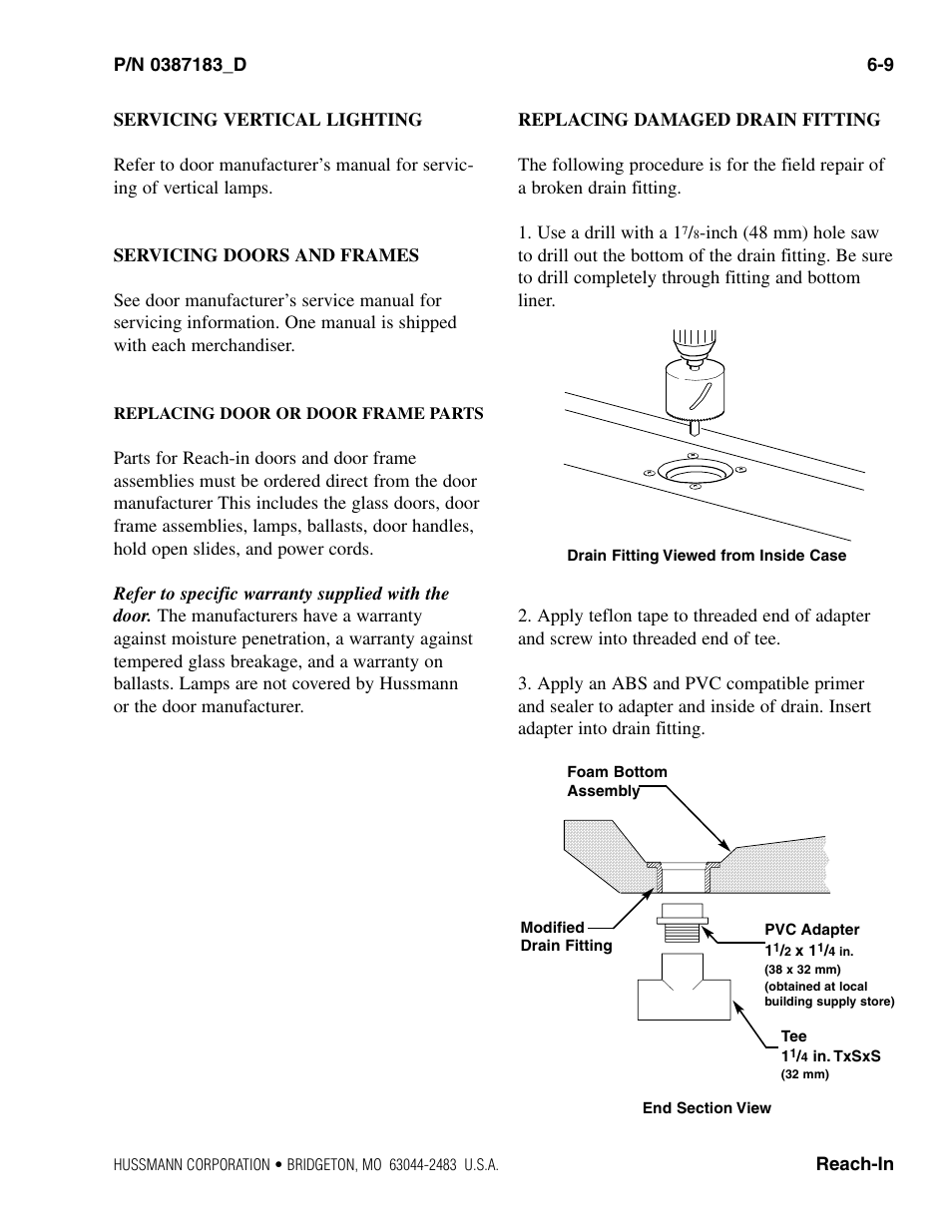 Servicing vertical lighting, Servicing doors and frames, Replacing door or door frame parts | Replacing damaged drain fitting | hussmann P/N 0387183_D User Manual | Page 37 / 40