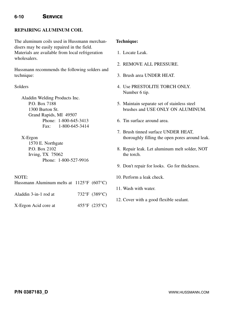 Repairing aluminum coil | hussmann P/N 0387183_D User Manual | Page 38 / 40