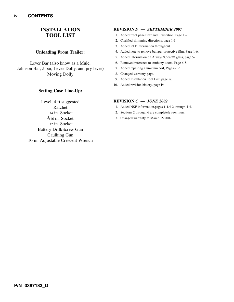 Installation tool list, Revision history | hussmann P/N 0387183_D User Manual | Page 4 / 40