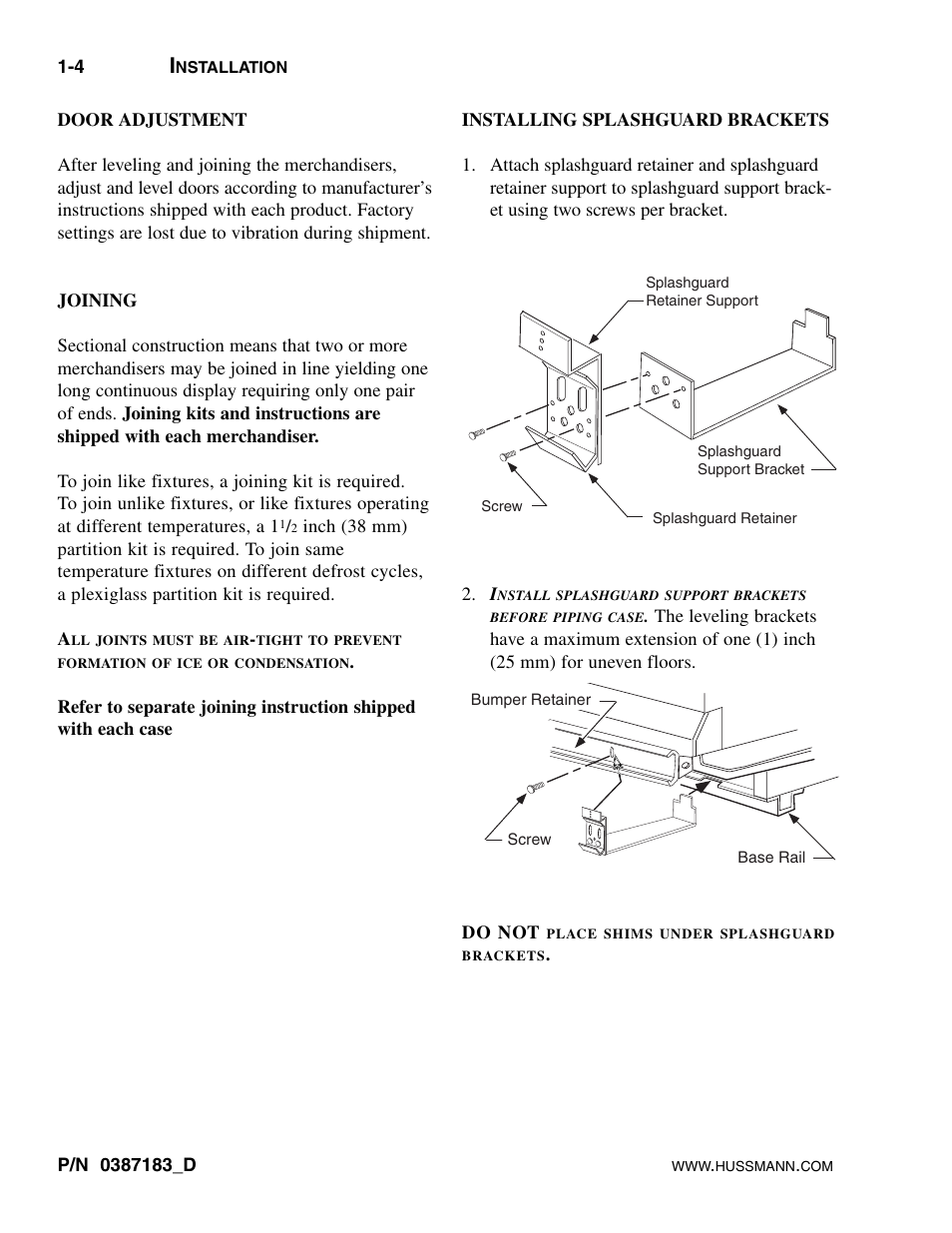 Door adjustment, Joining, Installing splashguard brackets | hussmann P/N 0387183_D User Manual | Page 8 / 40