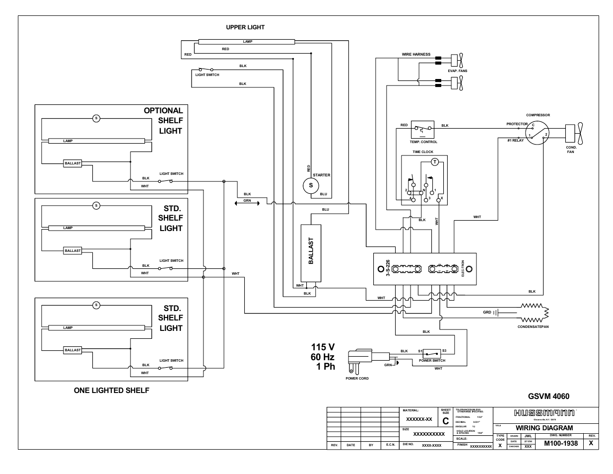Wiring diagrams, Shelf light shelf light, One lighted shelf | Shelf light optional, Gsvm 4060, Wiring diagram, Upper light, Ba lla s t | hussmann GSVM User Manual | Page 19 / 22