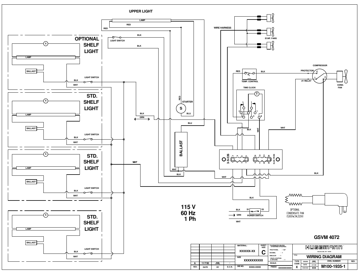 Std. shelf light, Light, Optional shelf light | Shelf, Gsvm 4072, Wiring diagram, Upper light | hussmann GSVM User Manual | Page 20 / 22