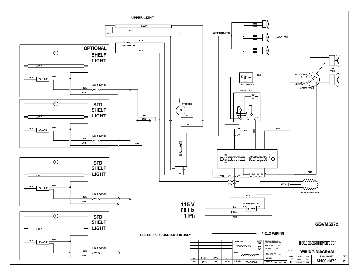 1 ph, Shelf, Light shelf std | Optional shelf light, Gsvm5272, Light, Shelf std, Wiring diagram, Upper light, Field wiring | hussmann GSVM User Manual | Page 21 / 22