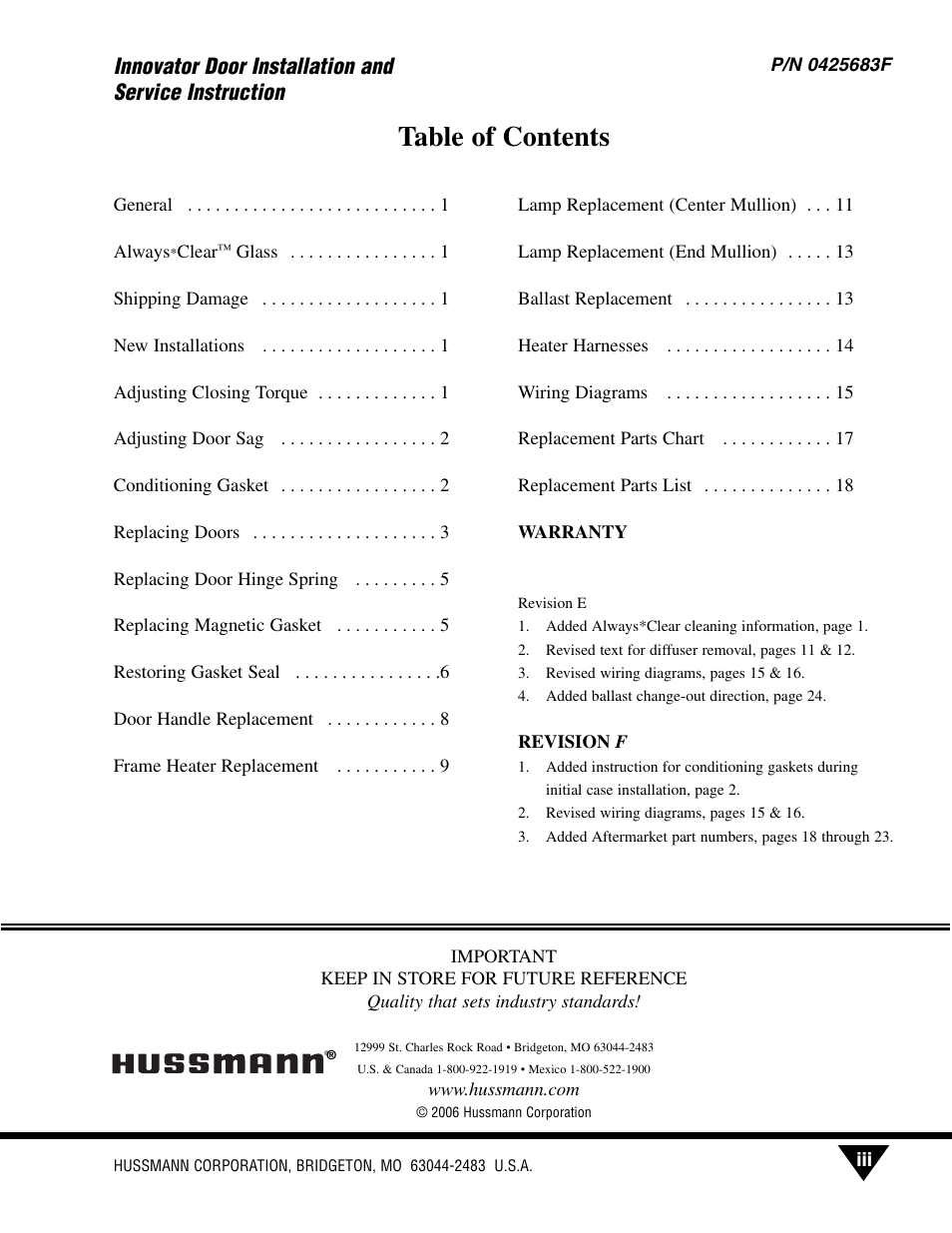 hussmann INNOVATOR P/N 0425683F User Manual | Page 2 / 27