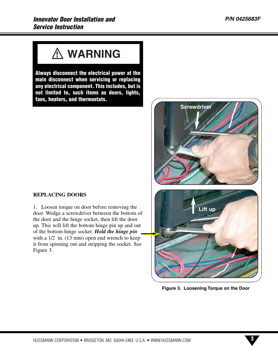 Replacing doors, Warning | hussmann INNOVATOR P/N 0425683F User Manual | Page 5 / 27