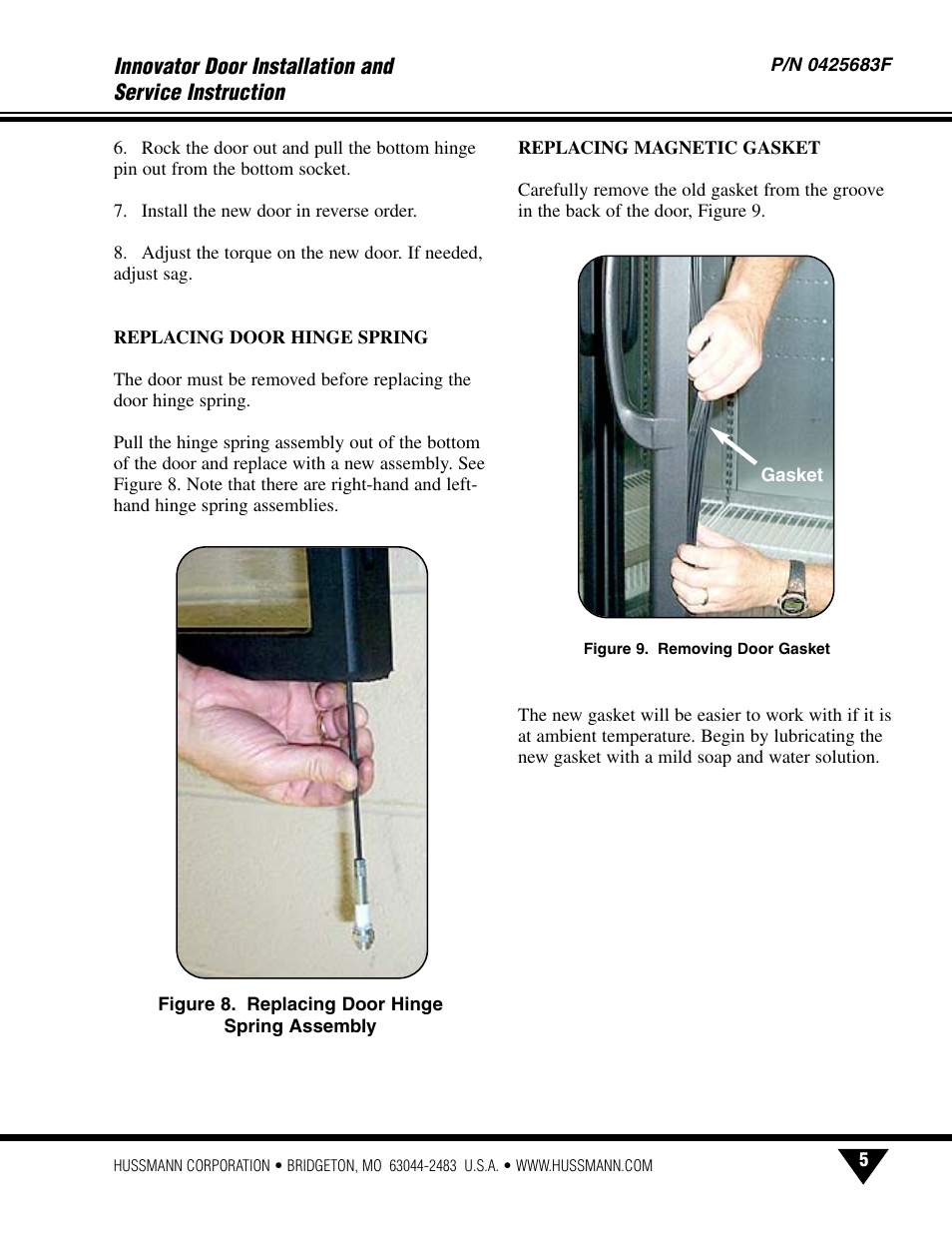Replacing door hinge spring, Replacing magnetic gasket | hussmann INNOVATOR P/N 0425683F User Manual | Page 7 / 27