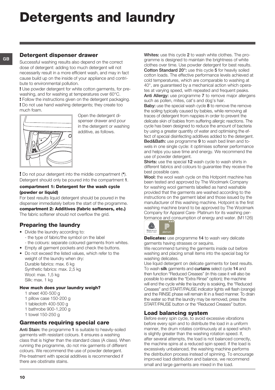 Detergents and laundry | Hotpoint HF8B User Manual | Page 10 / 16