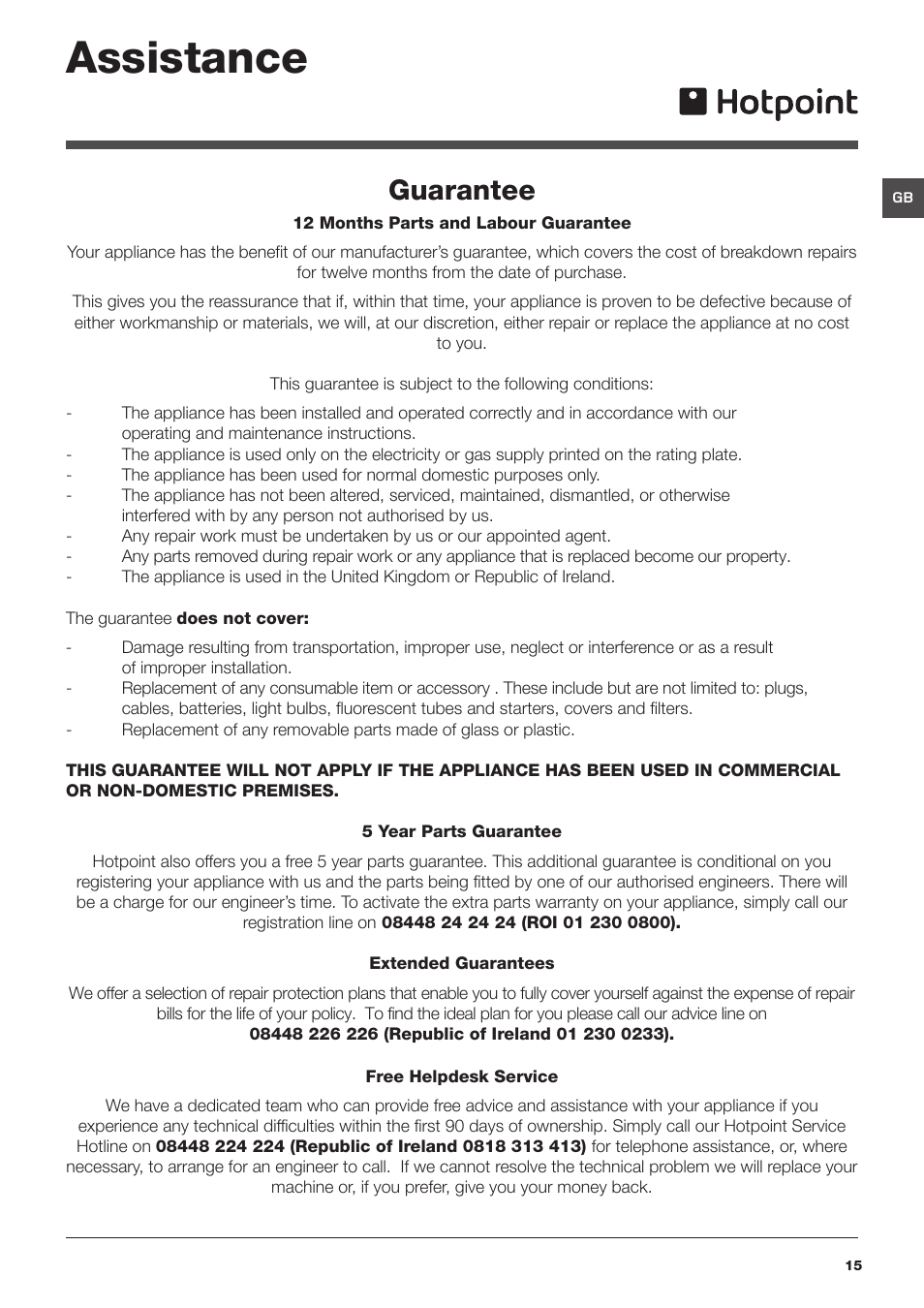 Assistance, Guarantee | Hotpoint HF8B User Manual | Page 15 / 16