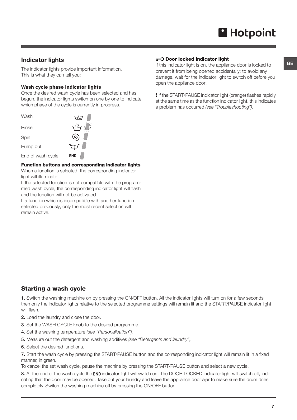 Indicator lights, Starting a wash cycle | Hotpoint HF8B User Manual | Page 7 / 16