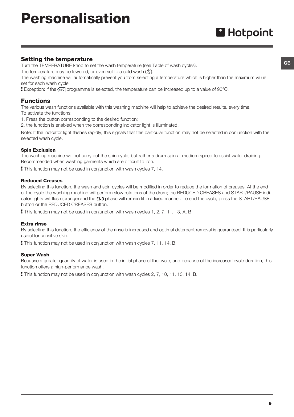 Personalisation | Hotpoint HF8B User Manual | Page 9 / 16