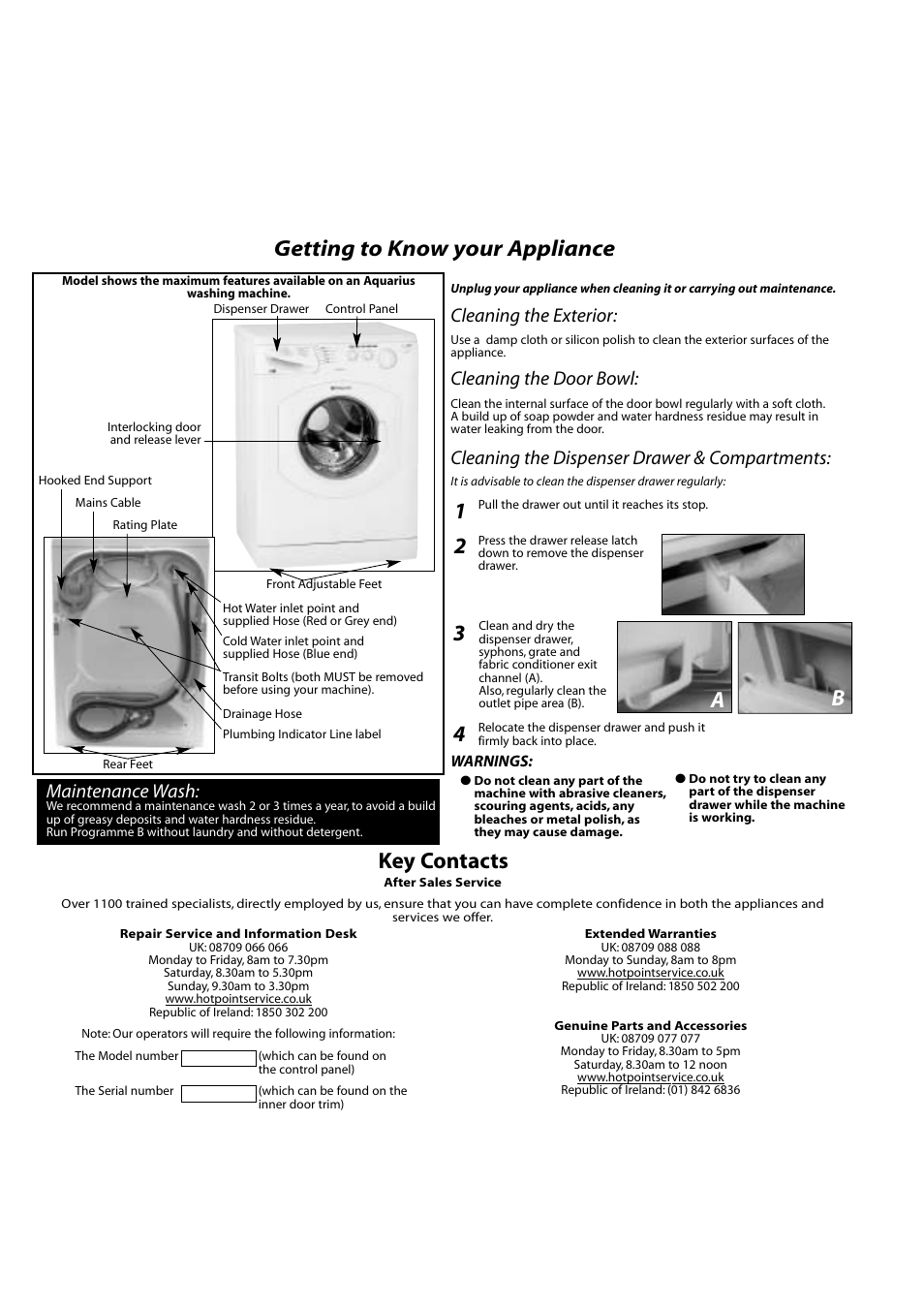 Getting to know your appliance, Key contacts, 3a b | Cleaning the exterior, Cleaning the door bowl, Cleaning the dispenser drawer & compartments, Maintenance wash | Hotpoint WF430 User Manual | Page 10 / 11