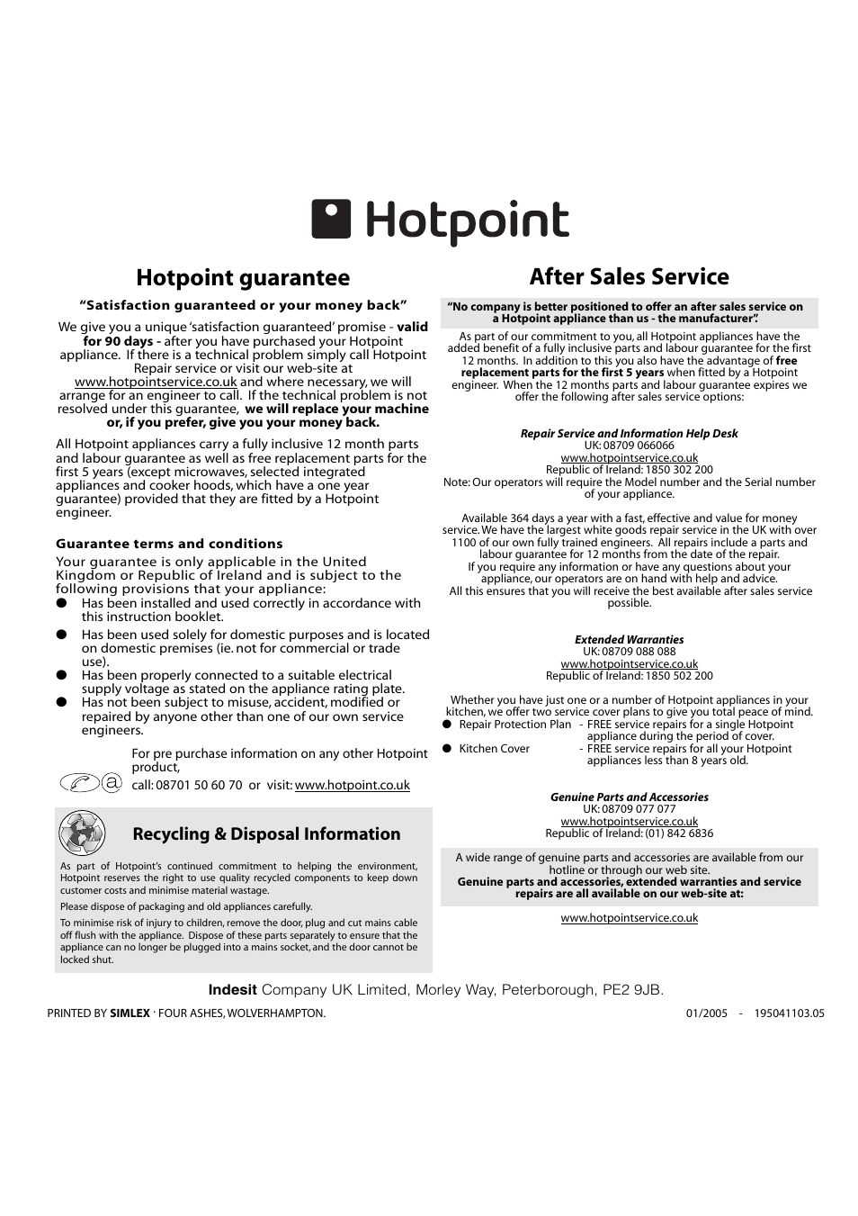 Hotpoint guarantee after sales service, Recycling & disposal information | Hotpoint WF430 User Manual | Page 11 / 11