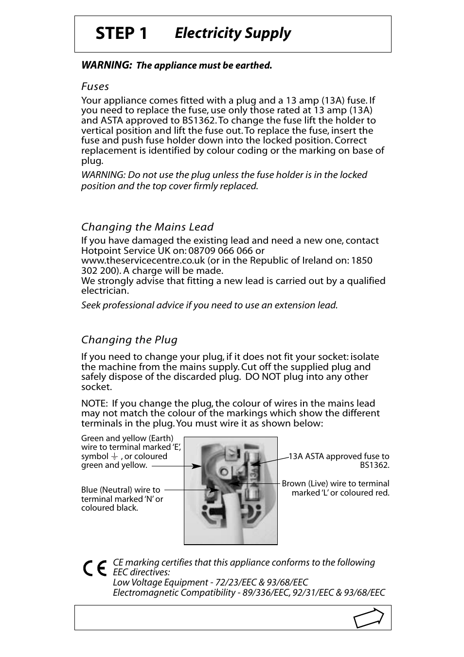 Step 1, Electricity supply | Hotpoint WF430 User Manual | Page 2 / 11