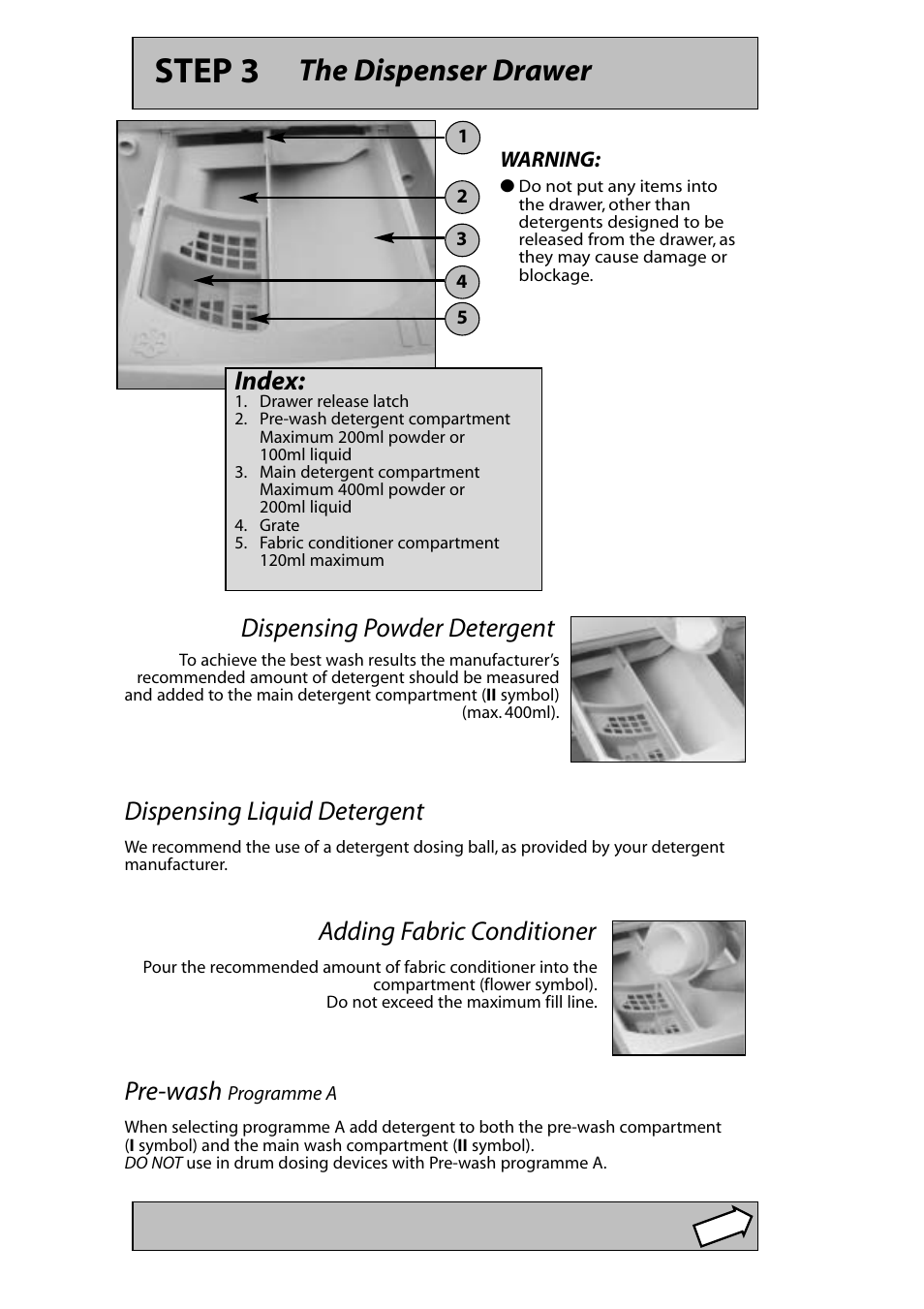 Step 3, The dispenser drawer, Pre-wash | Hotpoint WF430 User Manual | Page 4 / 11