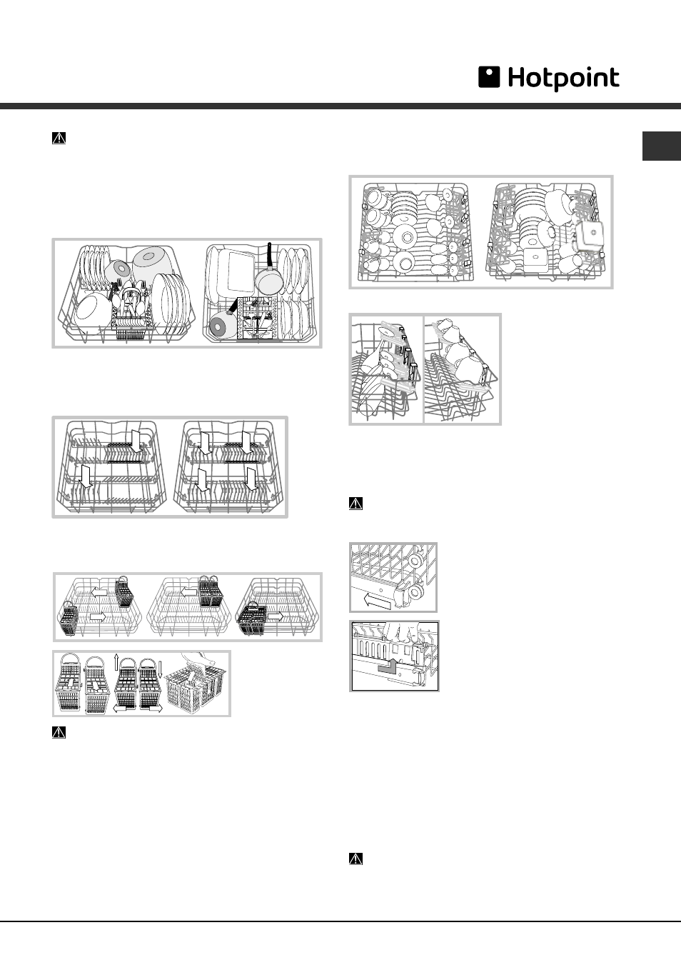 Loading the racks, Upper rack, Lower rack and cutlery basket | Hotpoint FDFF User Manual | Page 7 / 16