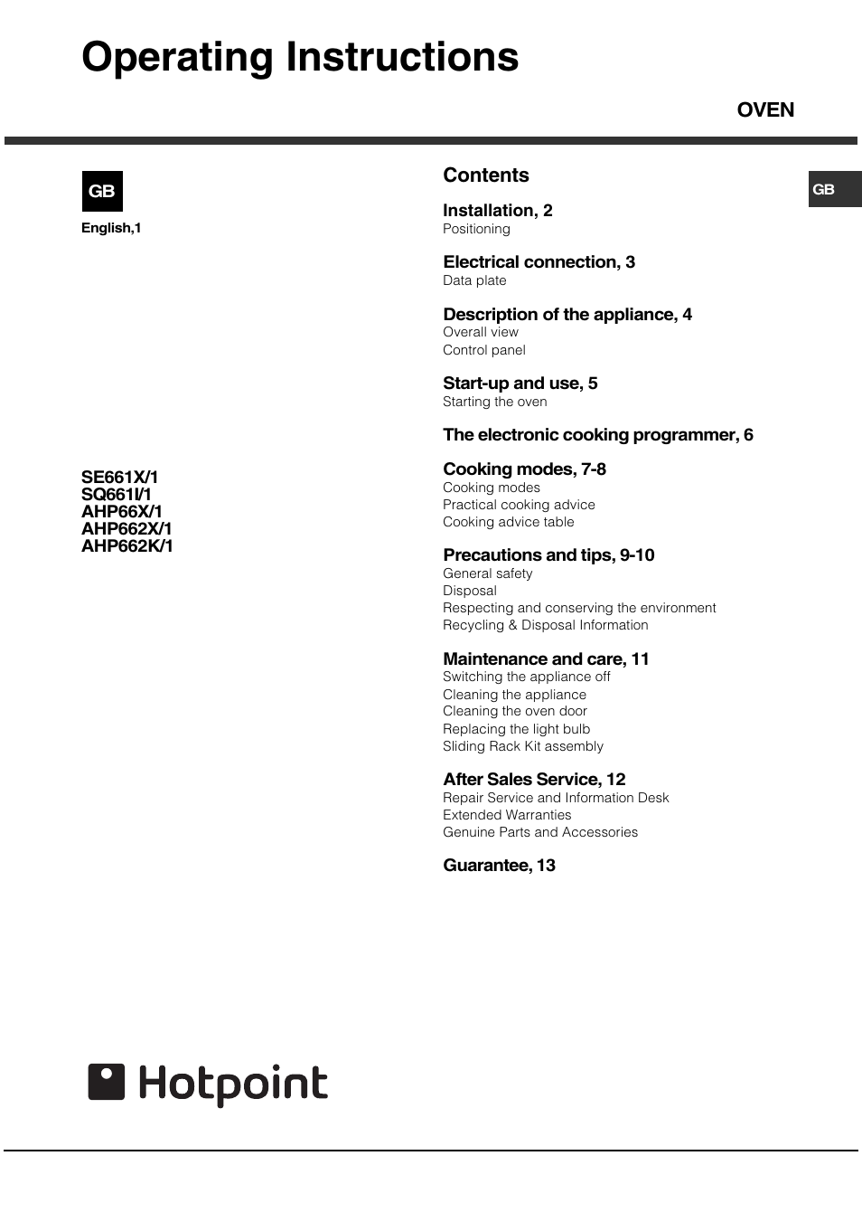 Hotpoint SQ661I/1 User Manual | 16 pages