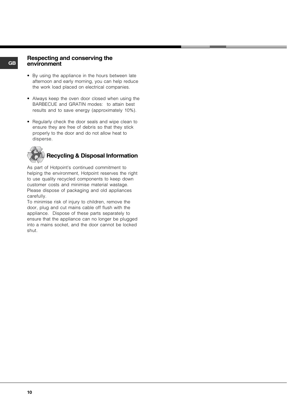 Respecting and conserving the environment, Recycling & disposal information | Hotpoint SQ661I/1 User Manual | Page 10 / 16