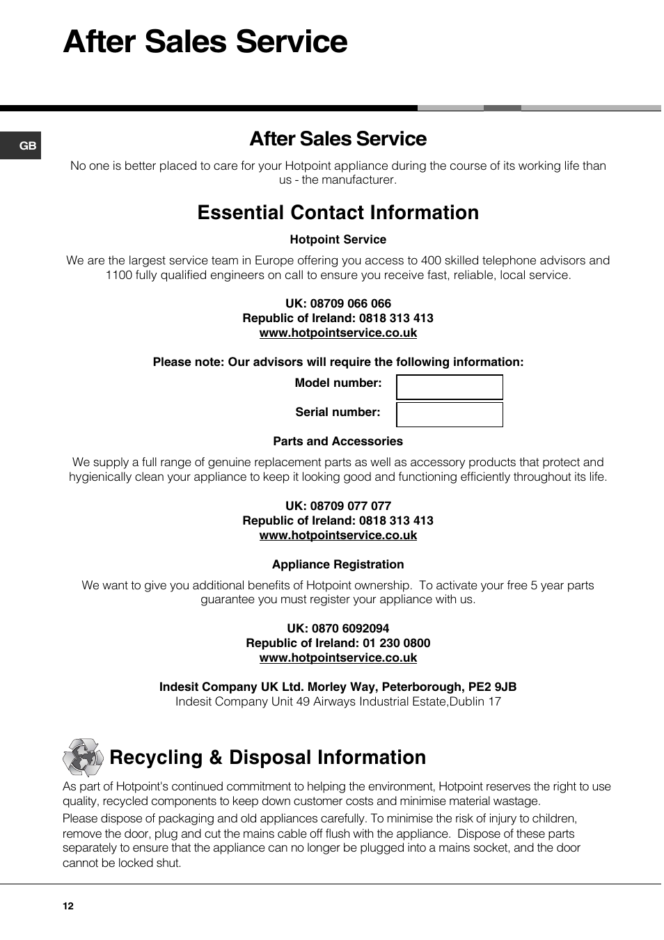 After sales service, Essential contact information, Recycling & disposal information | Hotpoint SQ661I/1 User Manual | Page 12 / 16