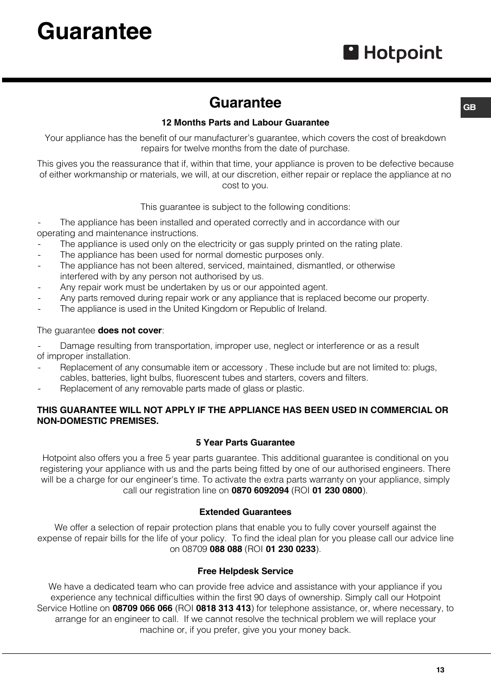 Guarantee | Hotpoint SQ661I/1 User Manual | Page 13 / 16