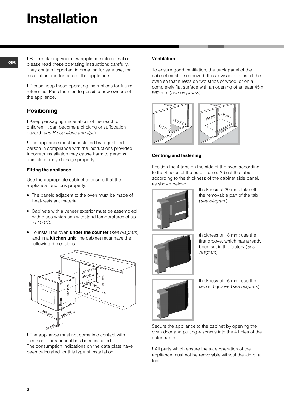 Installation, Positioning | Hotpoint SQ661I/1 User Manual | Page 2 / 16