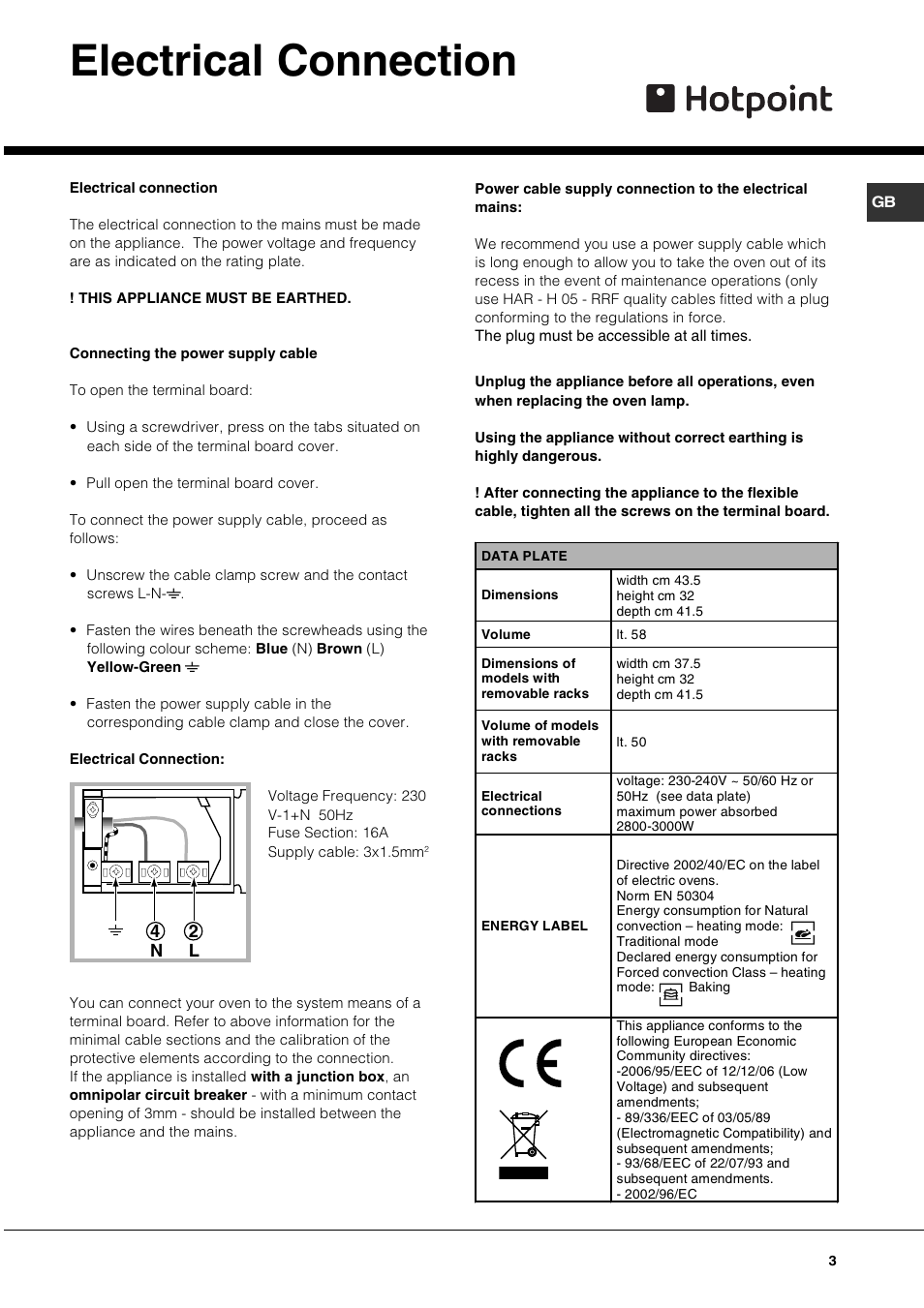 Electrical connection | Hotpoint SQ661I/1 User Manual | Page 3 / 16
