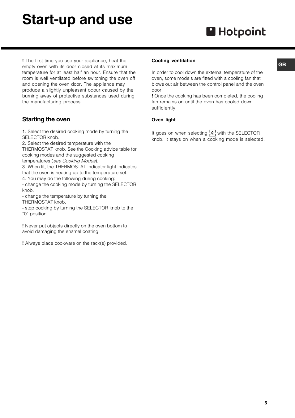 Start-up and use | Hotpoint SQ661I/1 User Manual | Page 5 / 16