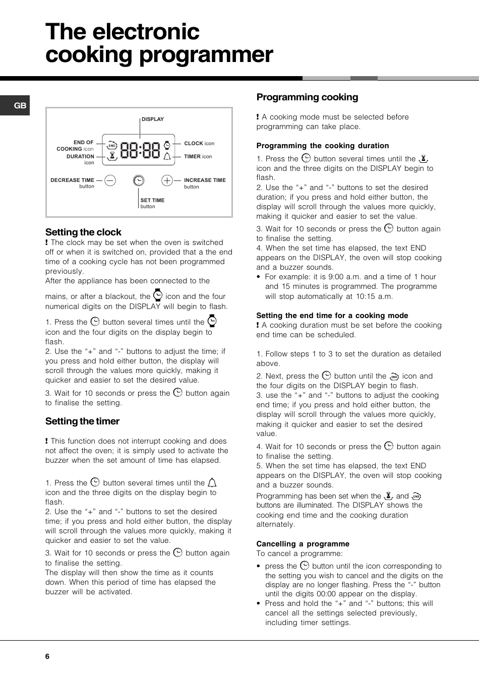 The electronic cooking programmer, Setting the clock, Setting the timer | Programming cooking | Hotpoint SQ661I/1 User Manual | Page 6 / 16