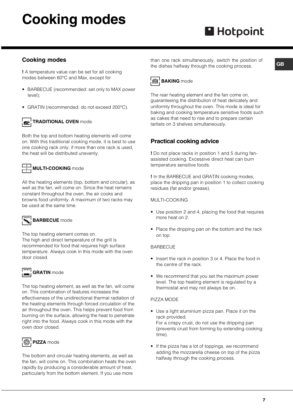 Cooking modes, Practical cooking advice | Hotpoint SQ661I/1 User Manual | Page 7 / 16