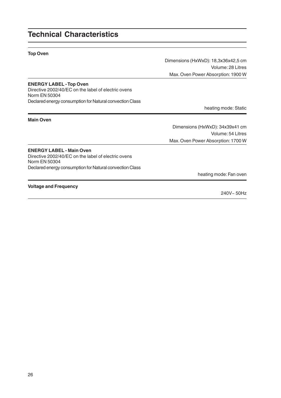 Technical characteristics | Hotpoint EW48G User Manual | Page 26 / 32