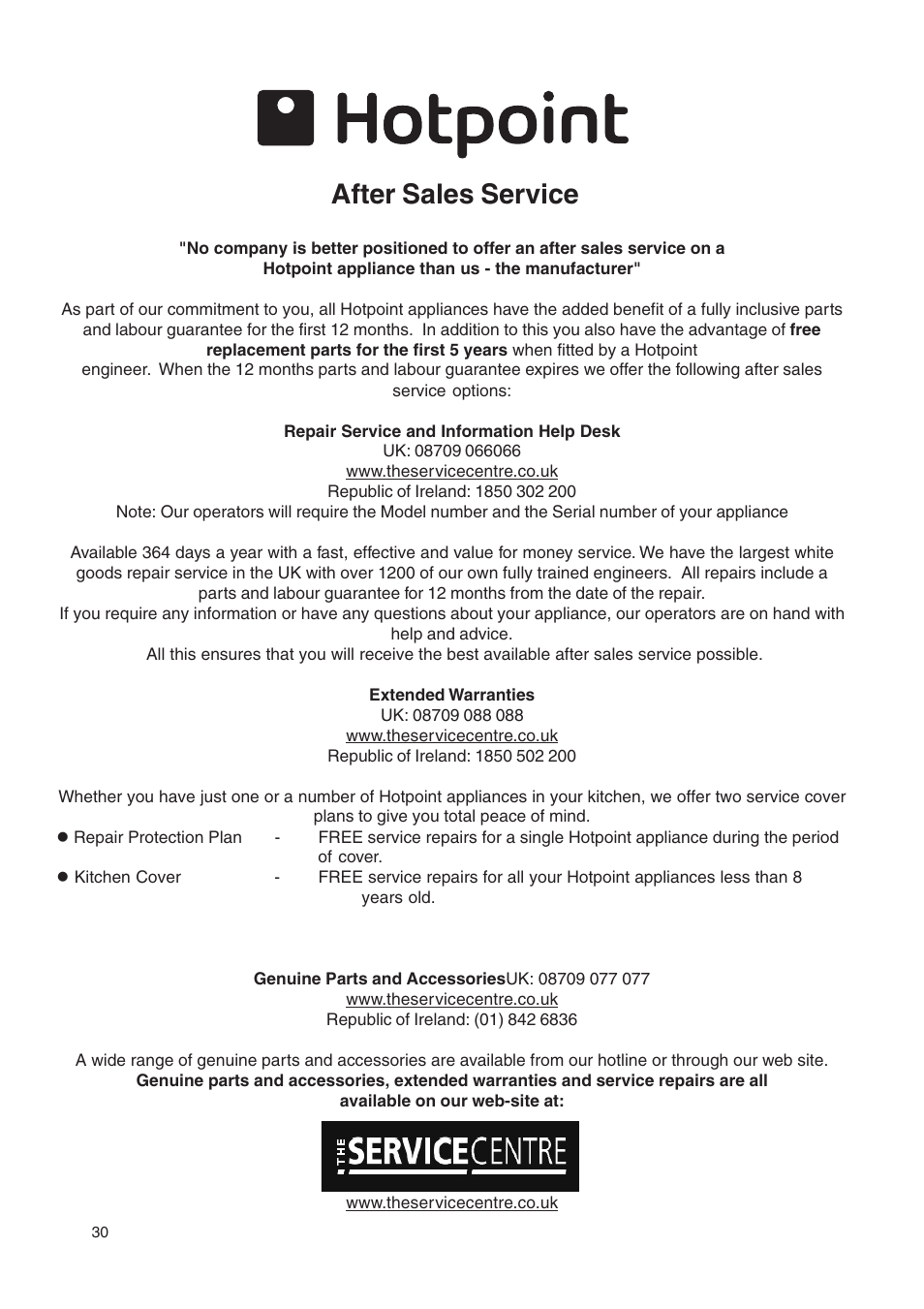 After sales service | Hotpoint EW48G User Manual | Page 30 / 32