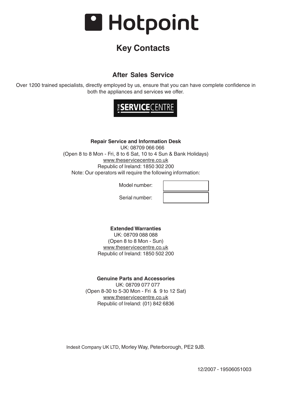 Key contacts, After sales service | Hotpoint EW48G User Manual | Page 32 / 32