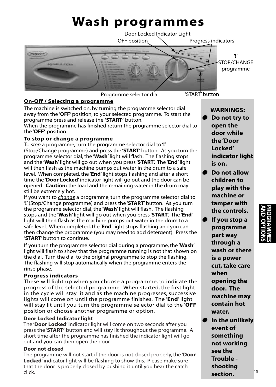 Wash programmes | Hotpoint Aquarius Range WMS39 User Manual | Page 15 / 24