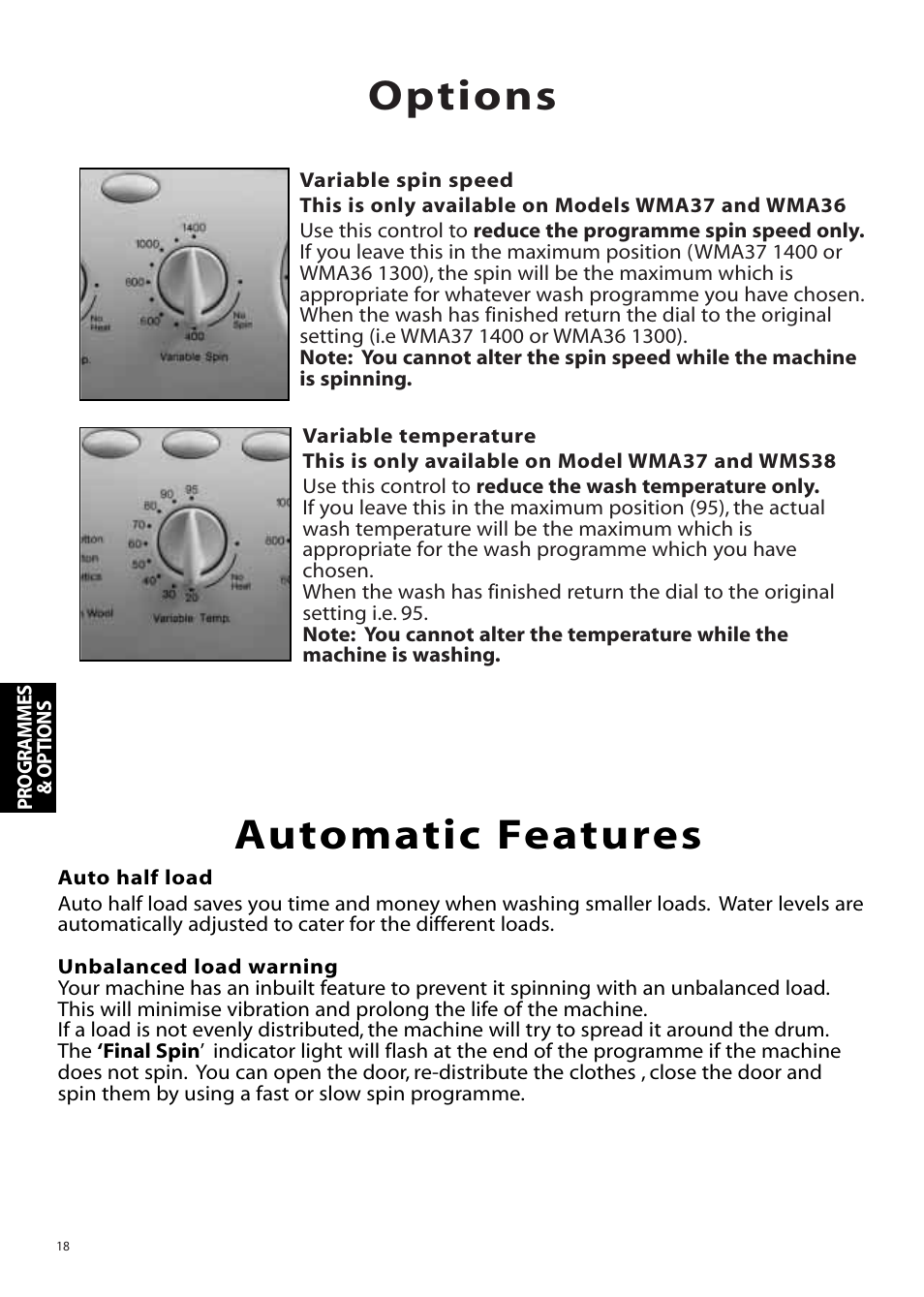 Options, Automatic features | Hotpoint Aquarius Range WMS39 User Manual | Page 18 / 24