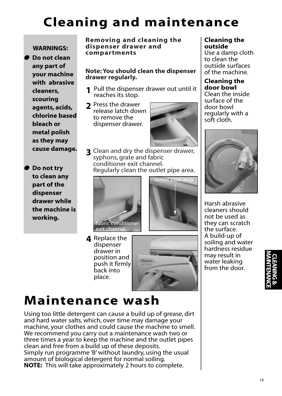 Cleaning and maintenance, Maintenance wash | Hotpoint Aquarius Range WMS39 User Manual | Page 19 / 24