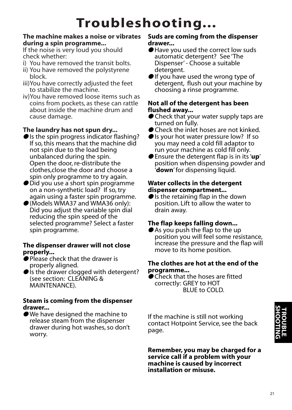 Troubleshooting | Hotpoint Aquarius Range WMS39 User Manual | Page 21 / 24