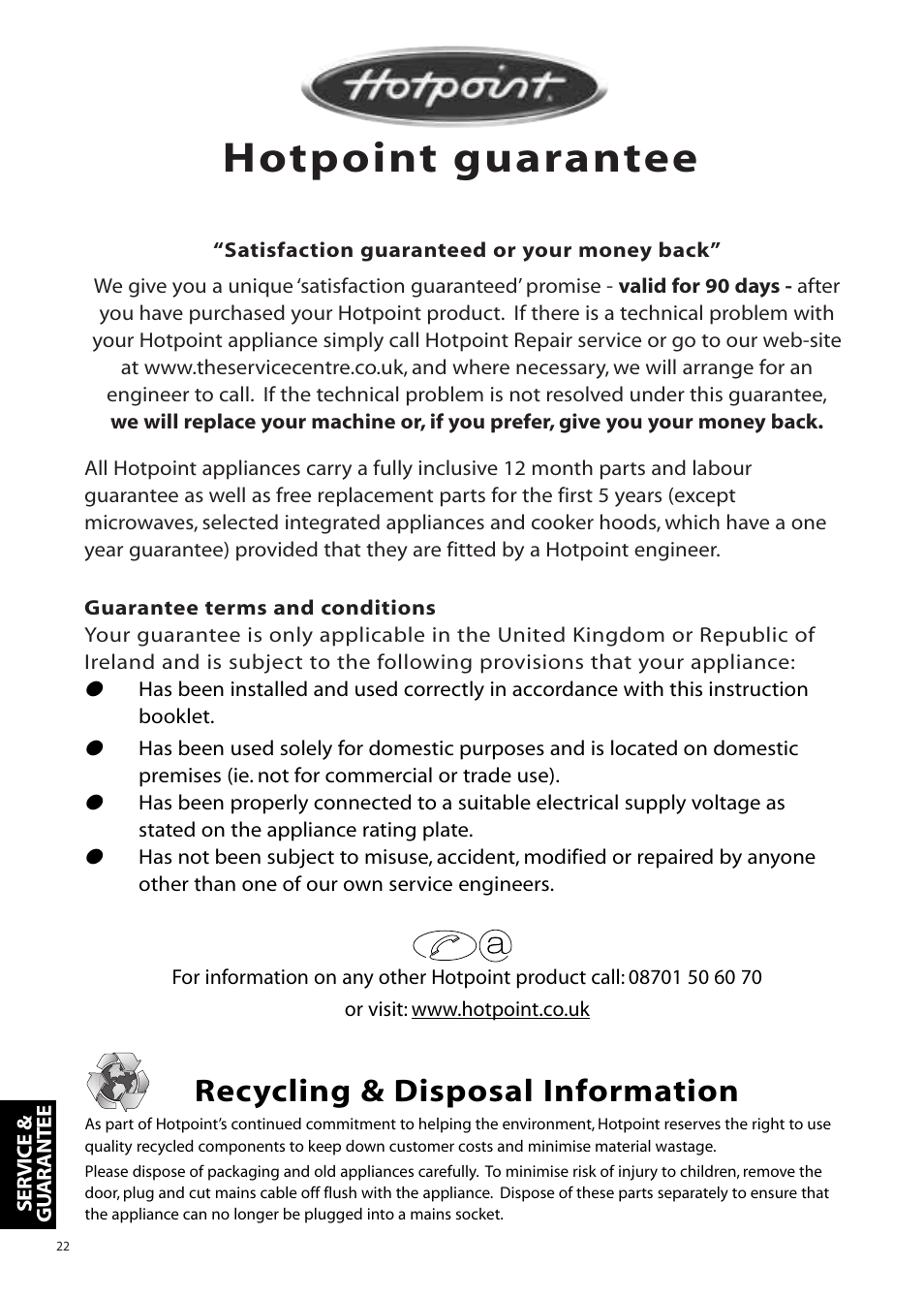 Hotpoint guarantee, Recycling & disposal information | Hotpoint Aquarius Range WMS39 User Manual | Page 22 / 24