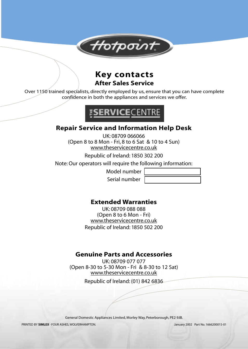 Key contacts | Hotpoint Aquarius Range WMS39 User Manual | Page 24 / 24
