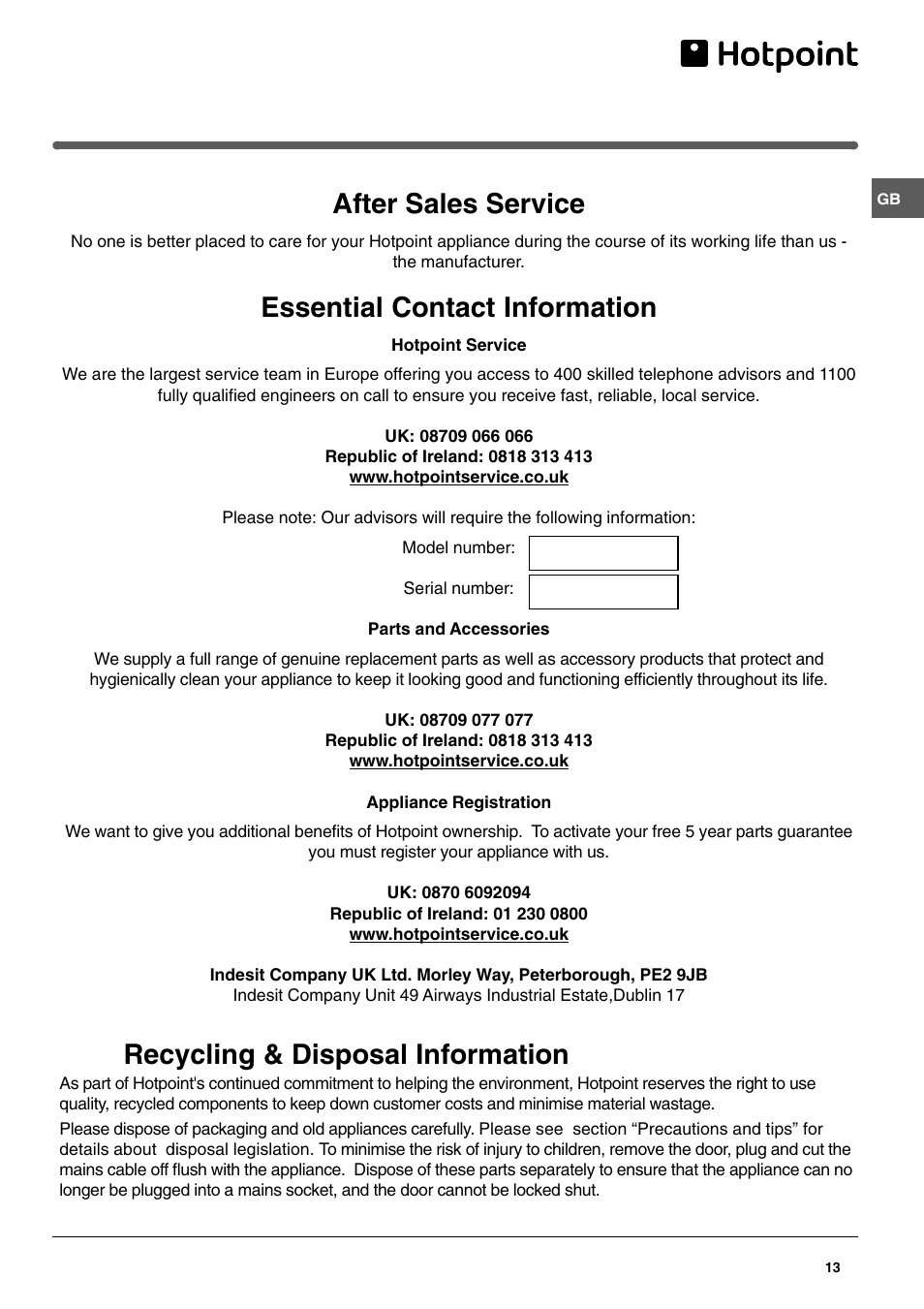 After sales service, Essential contact information, Recycling & disposal information | Hotpoint HMB313I User Manual | Page 13 / 16