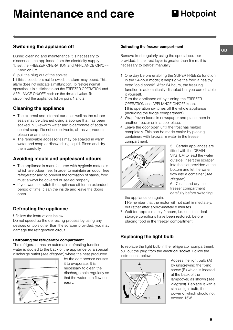 Maintenance and care | Hotpoint HMB313I User Manual | Page 9 / 16