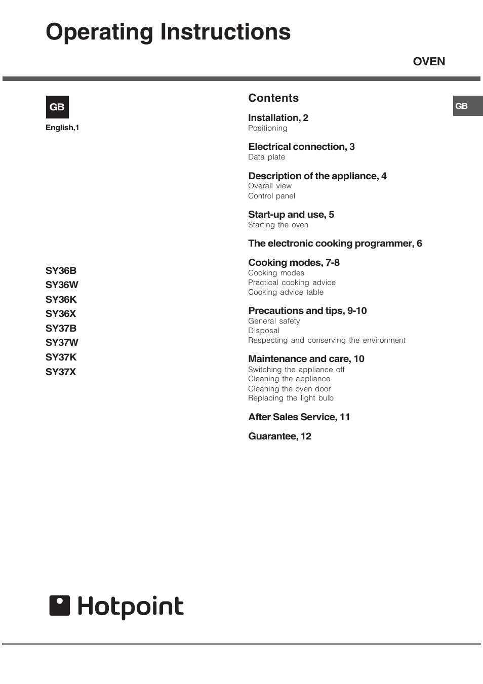 Hotpoint SY37W User Manual | 12 pages