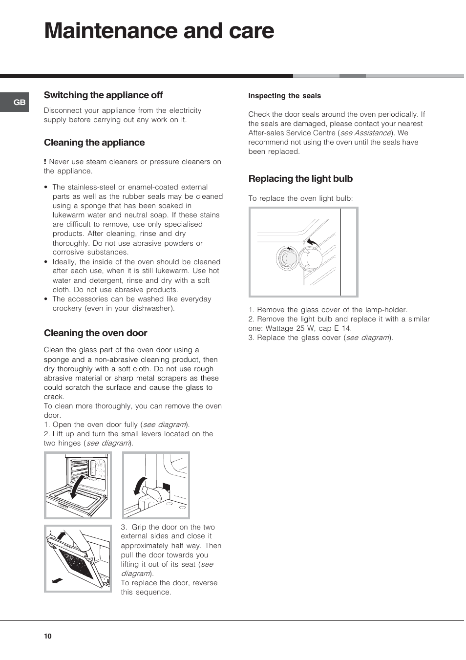 Maintenance and care | Hotpoint SY37W User Manual | Page 10 / 12