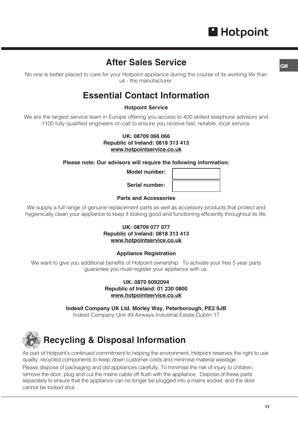 After sales service, Essential contact information, Recycling & disposal information | Hotpoint SY37W User Manual | Page 11 / 12
