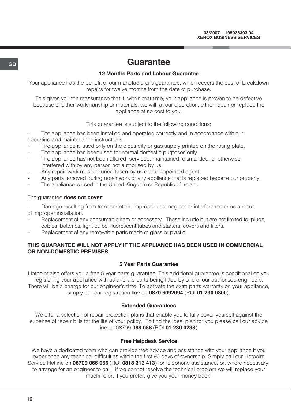 Guarantee | Hotpoint SY37W User Manual | Page 12 / 12