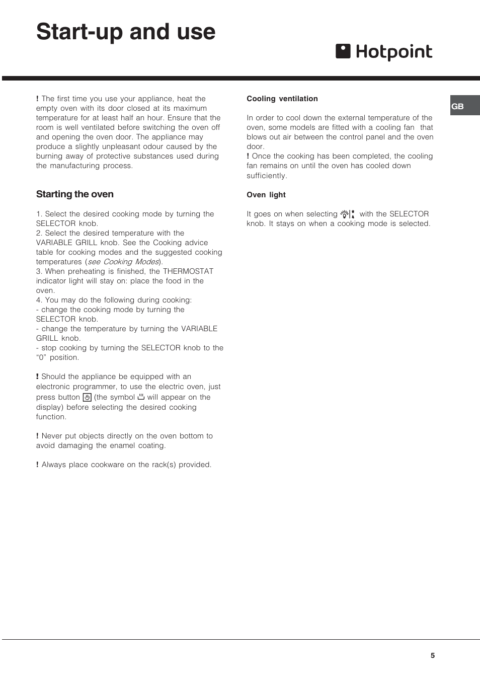 Start-up and use | Hotpoint SY37W User Manual | Page 5 / 12