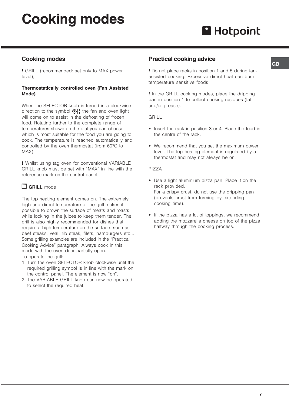 Cooking modes | Hotpoint SY37W User Manual | Page 7 / 12