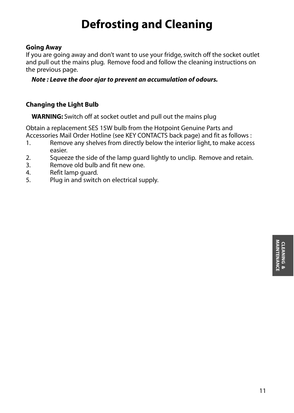 Defrosting and cleaning | Hotpoint RLA33 User Manual | Page 11 / 16